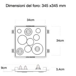 PORTAFARETTO DA INCASSO IN GESSO CERAMICO 34X34 H9 COMPLETO DI PORTA LAMPADA ANTISHOCK 3 GU10 E MOLLA X BLOCCO BIANCA CON ALETT