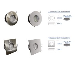 PORTAFARETTO DA INCASSO CON MOLLE IN ALLUMINIO CON CORNICE SILVER  QUADRATO IP65 PER 1 GU10 PORTALMPADE ESCLUSO INCASSO DIAMETR